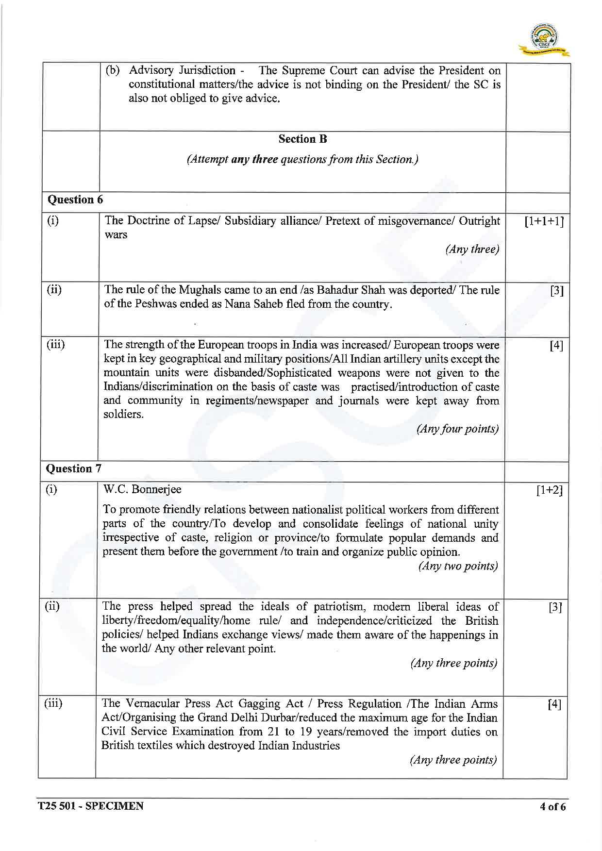 ICSE Board Sample Paper for class 10 History & Civics