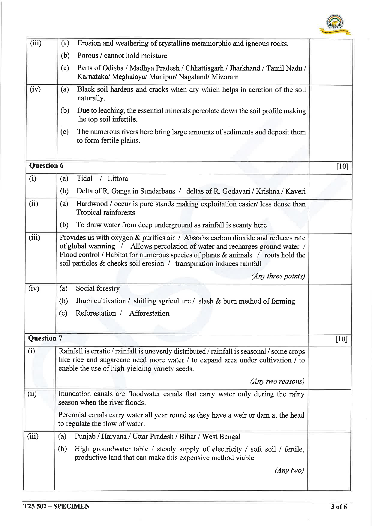 ICSE Board Sample Paper for class 10 Geography