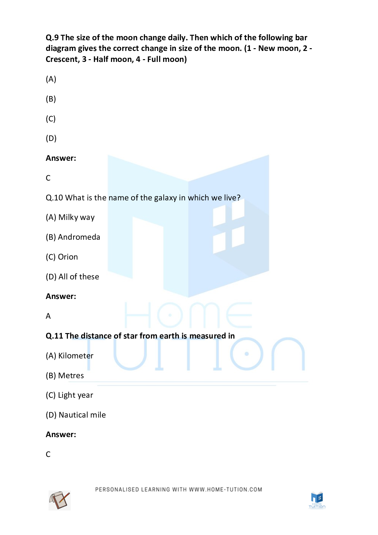 CBSE Class 5 Worksheet for EVS Chapter Earth Moon and Sun Questions with Answers 