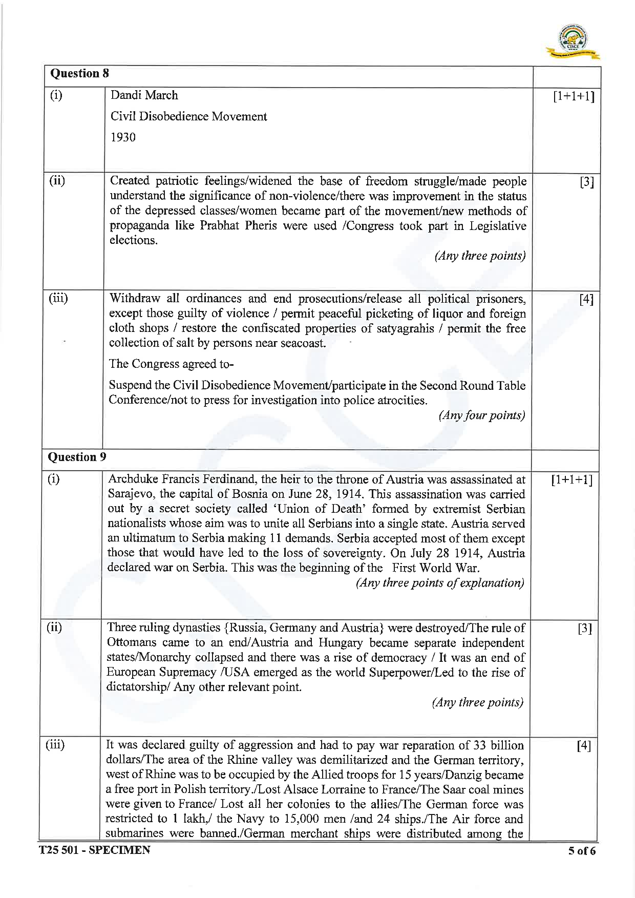 ICSE Board Sample Paper for class 10 History & Civics