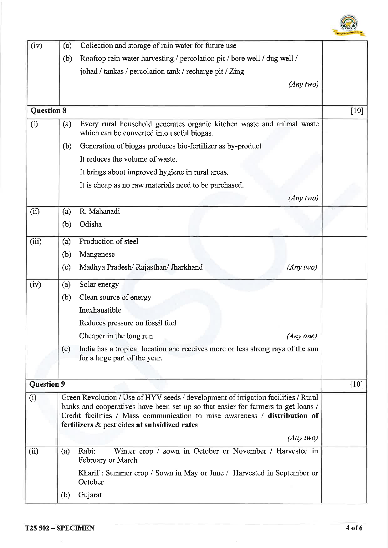 ICSE Board Sample Paper for class 10 Geography