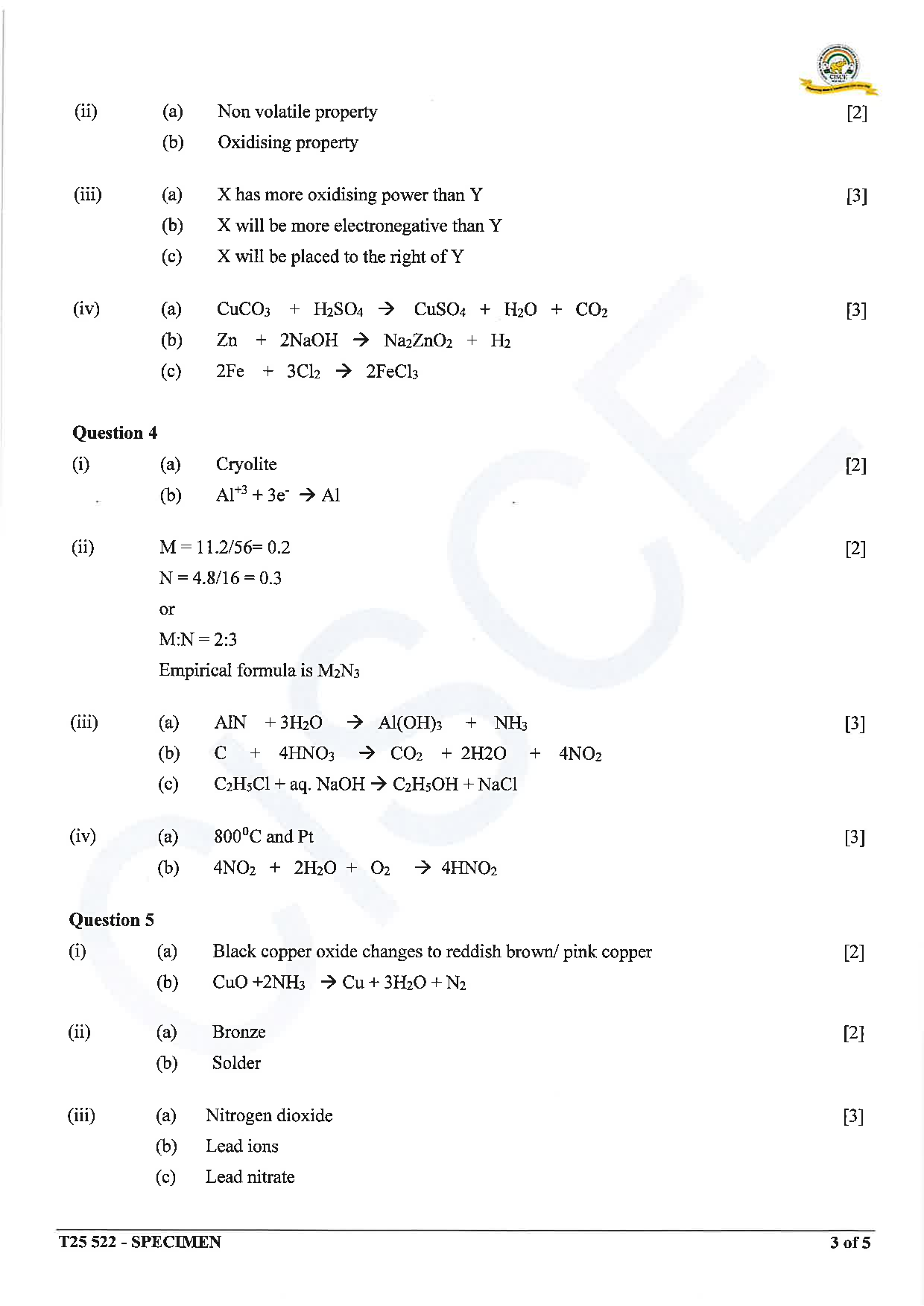 ICSE Board Sample Paper for class 10 chemistry