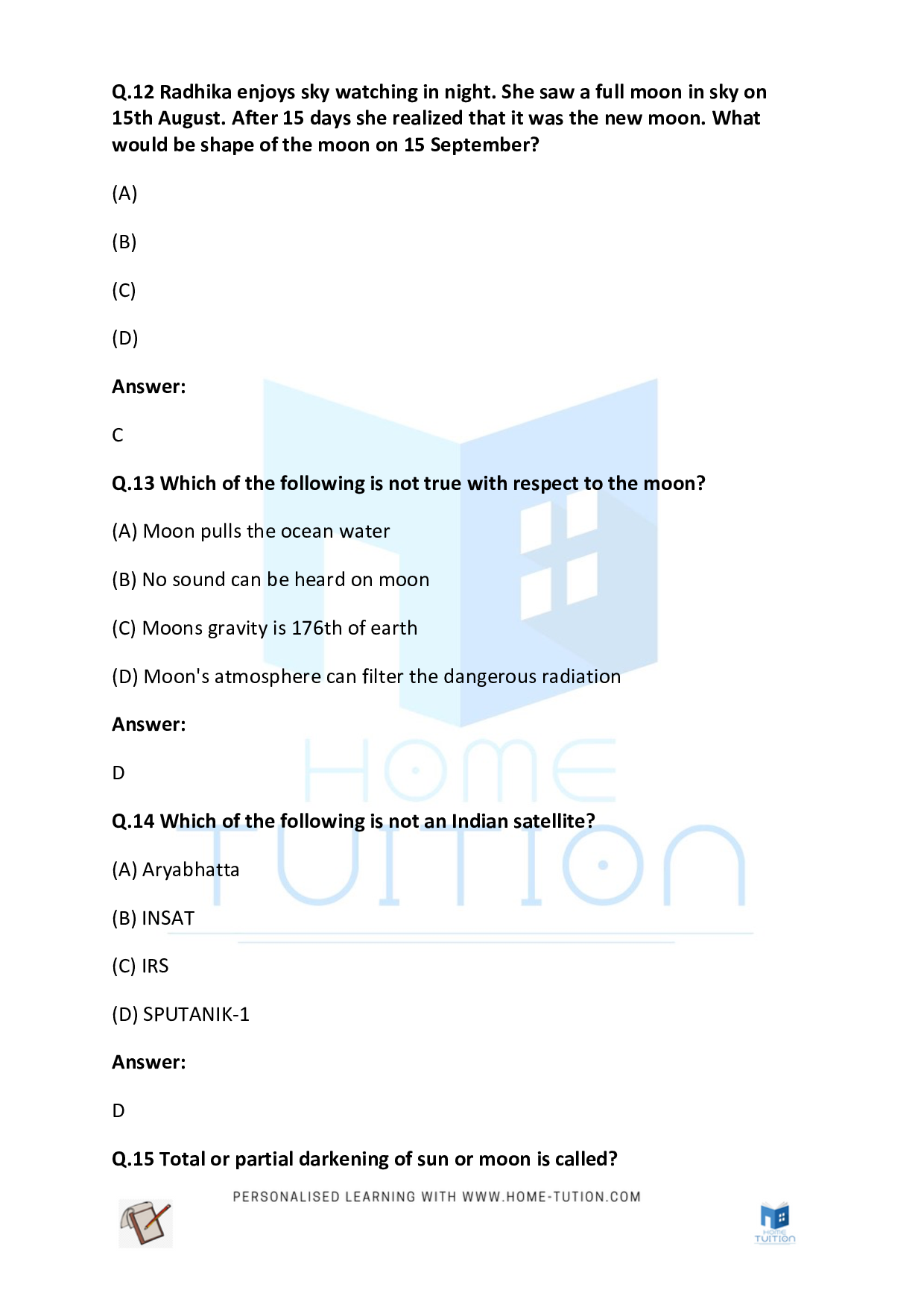 CBSE Class 5 Worksheet for EVS Chapter Earth Moon and Sun Questions with Answers 