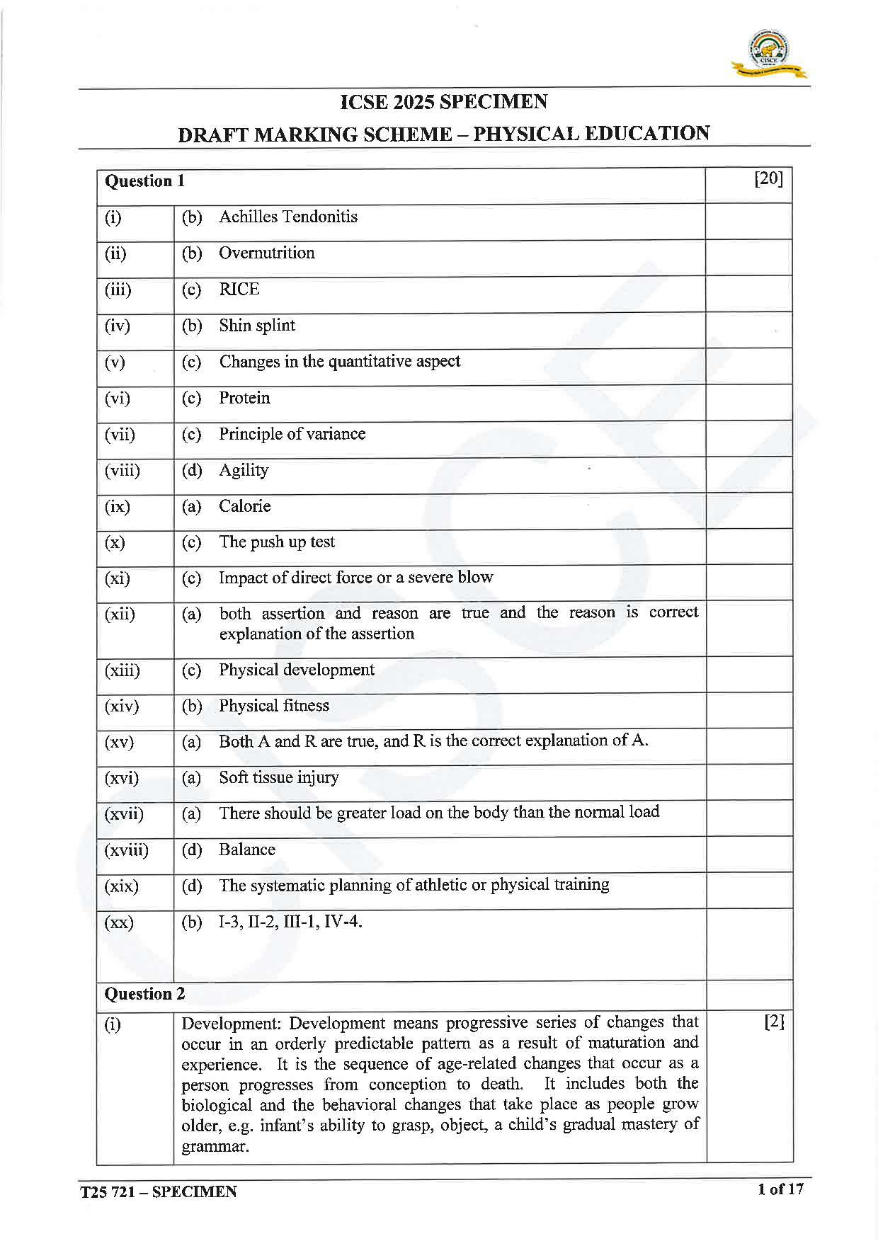 ICSE Board Sample Paper for class 10 Physical Education