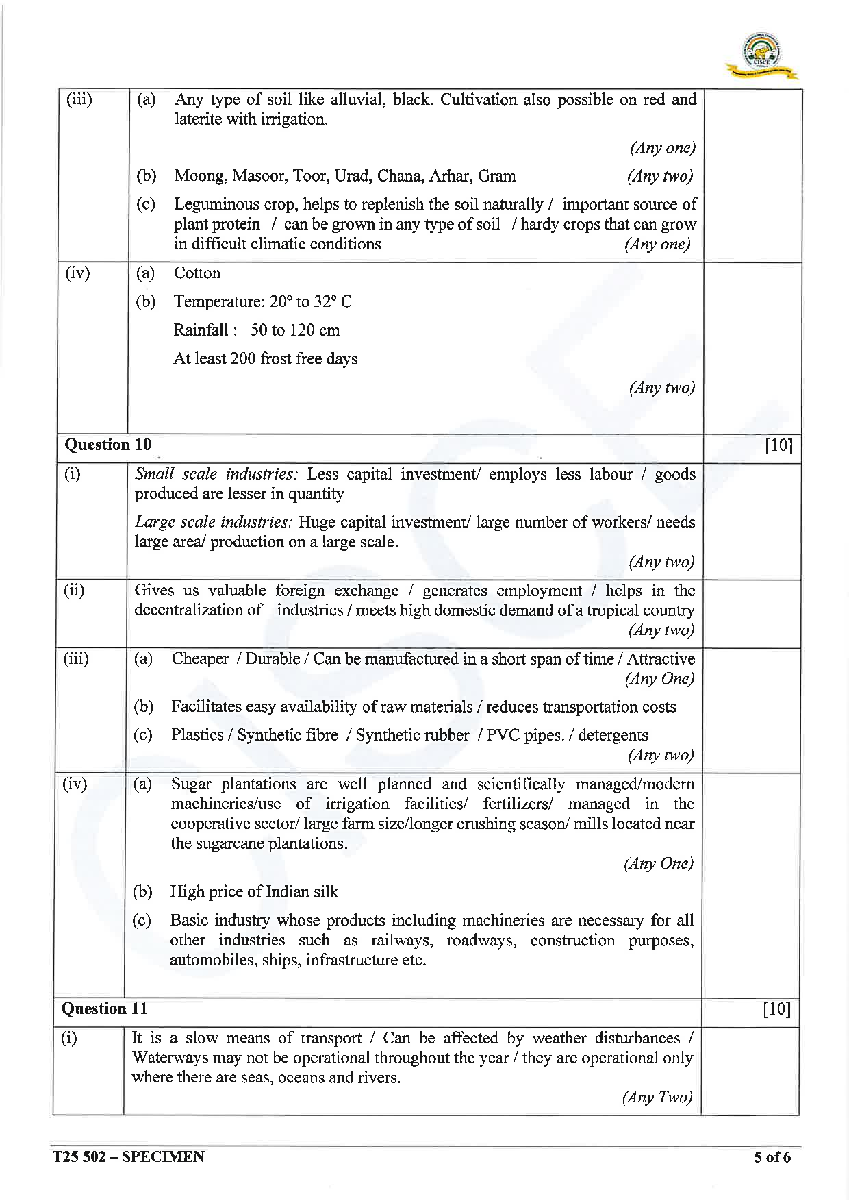 ICSE Board Sample Paper for class 10 Geography