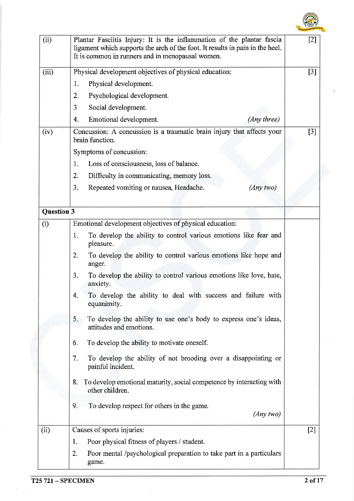 ICSE Board Sample Paper for class 10 Physical Education