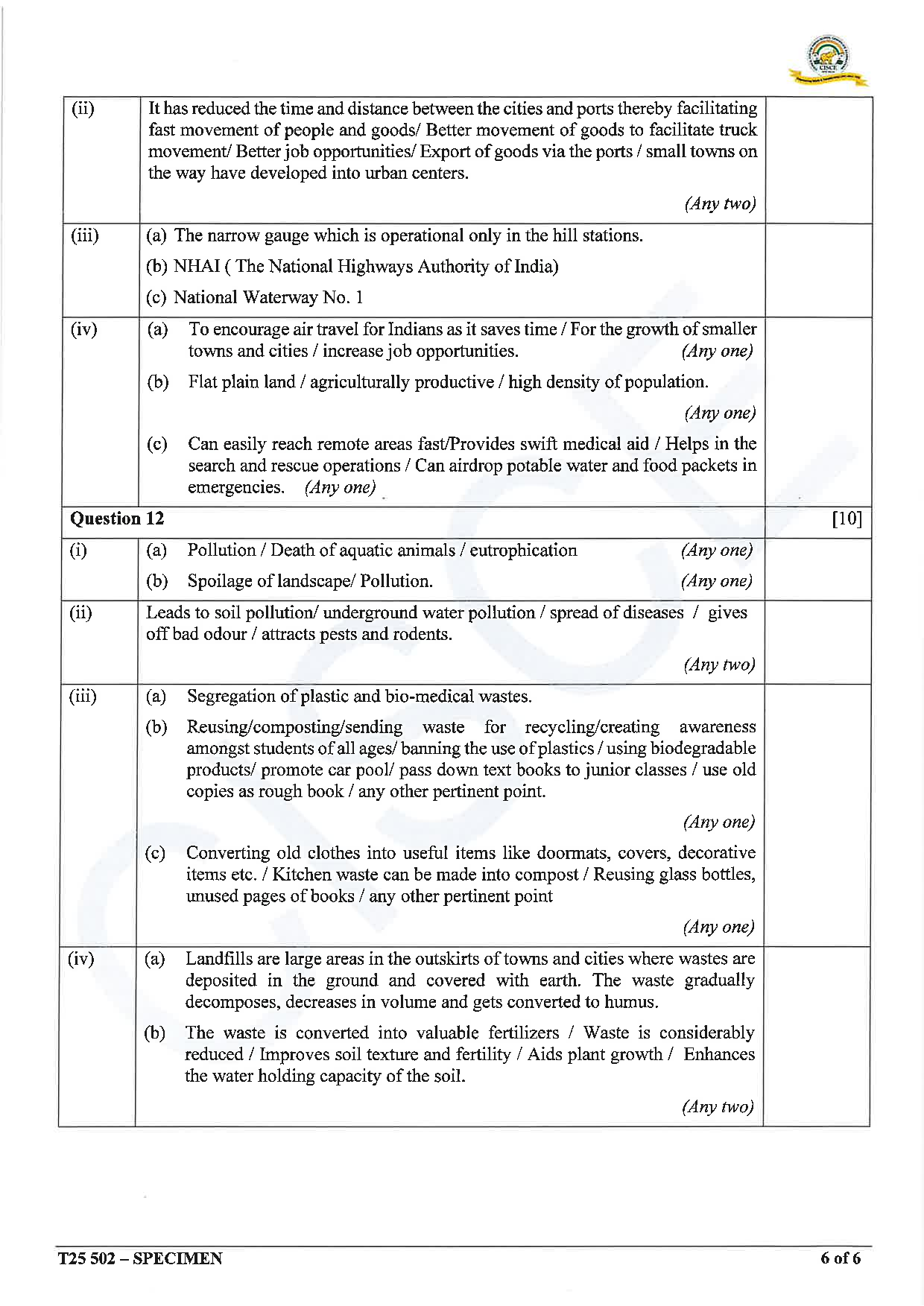 ICSE Board Sample Paper for class 10 Geography