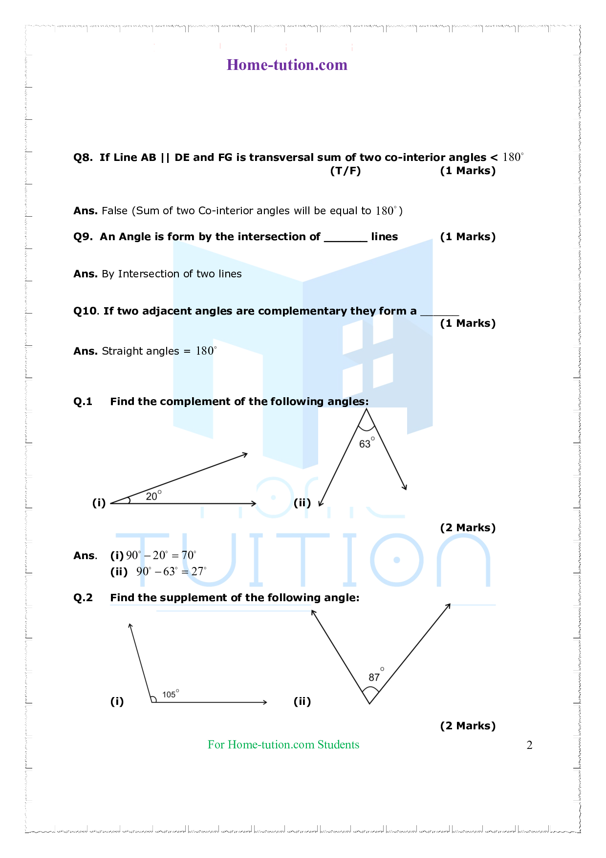 Extra Questions on Class 7 Maths Chapter 5 Lines and Angles