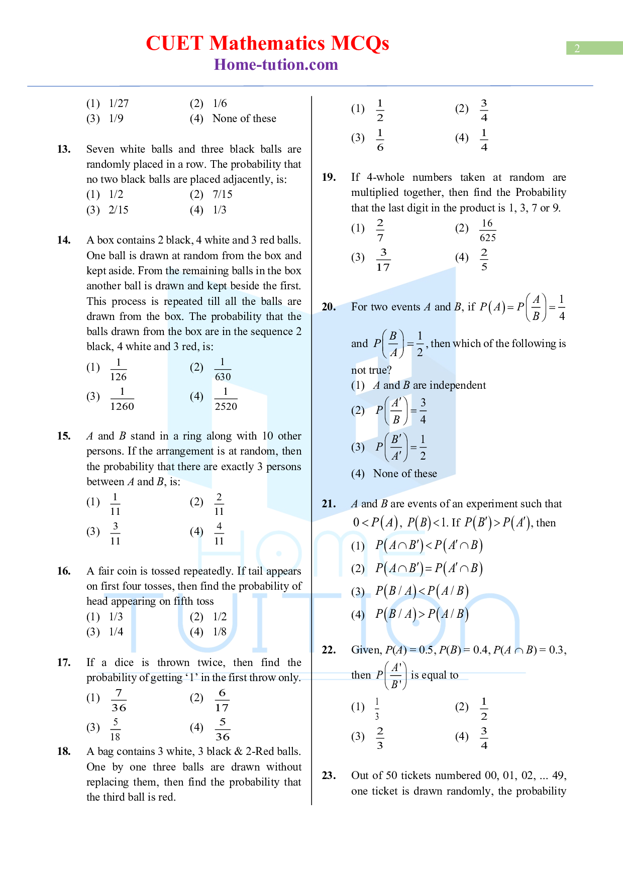 CUET MCQ Questions For Maths Chapter-12 Probability