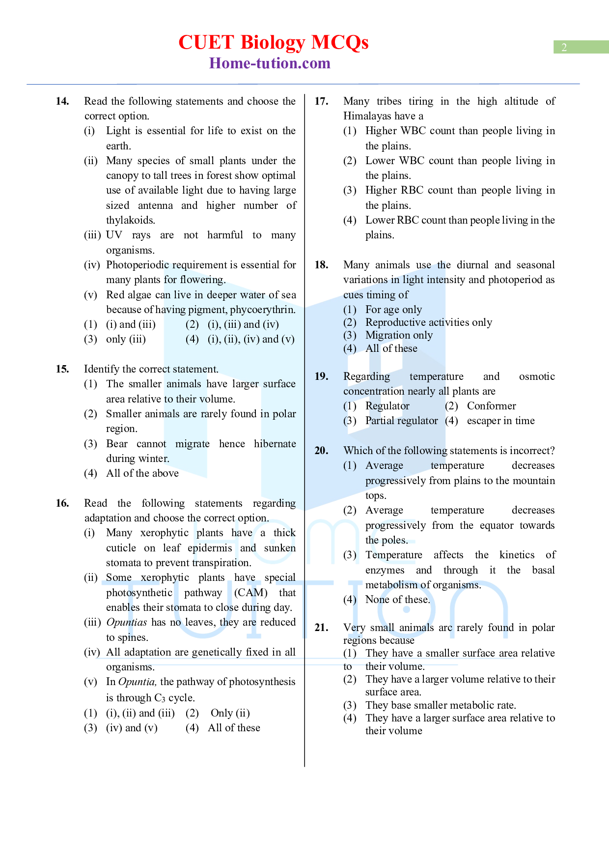Biology MCQ Questions for CUET Chapter 13 Organisms and Populations