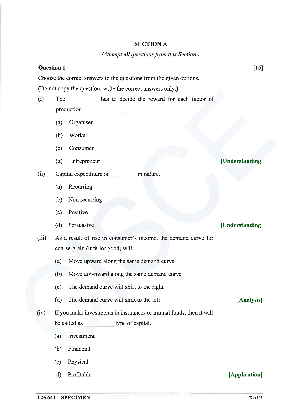 ICSE Board Sample Paper for class 10 Economics