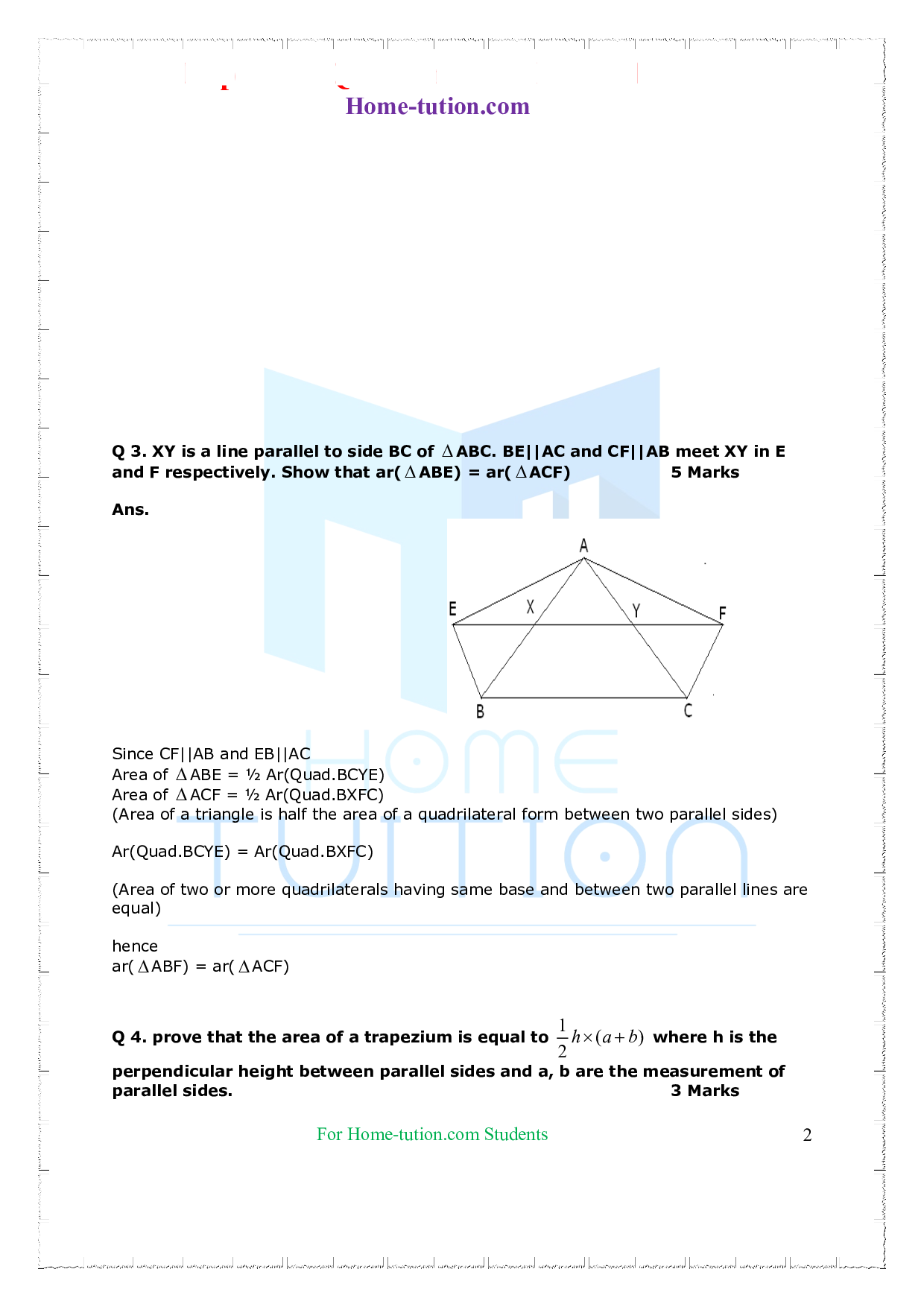 Questions for Class 9 Maths Chapter 9 Areas of Parallelograms and Triangles