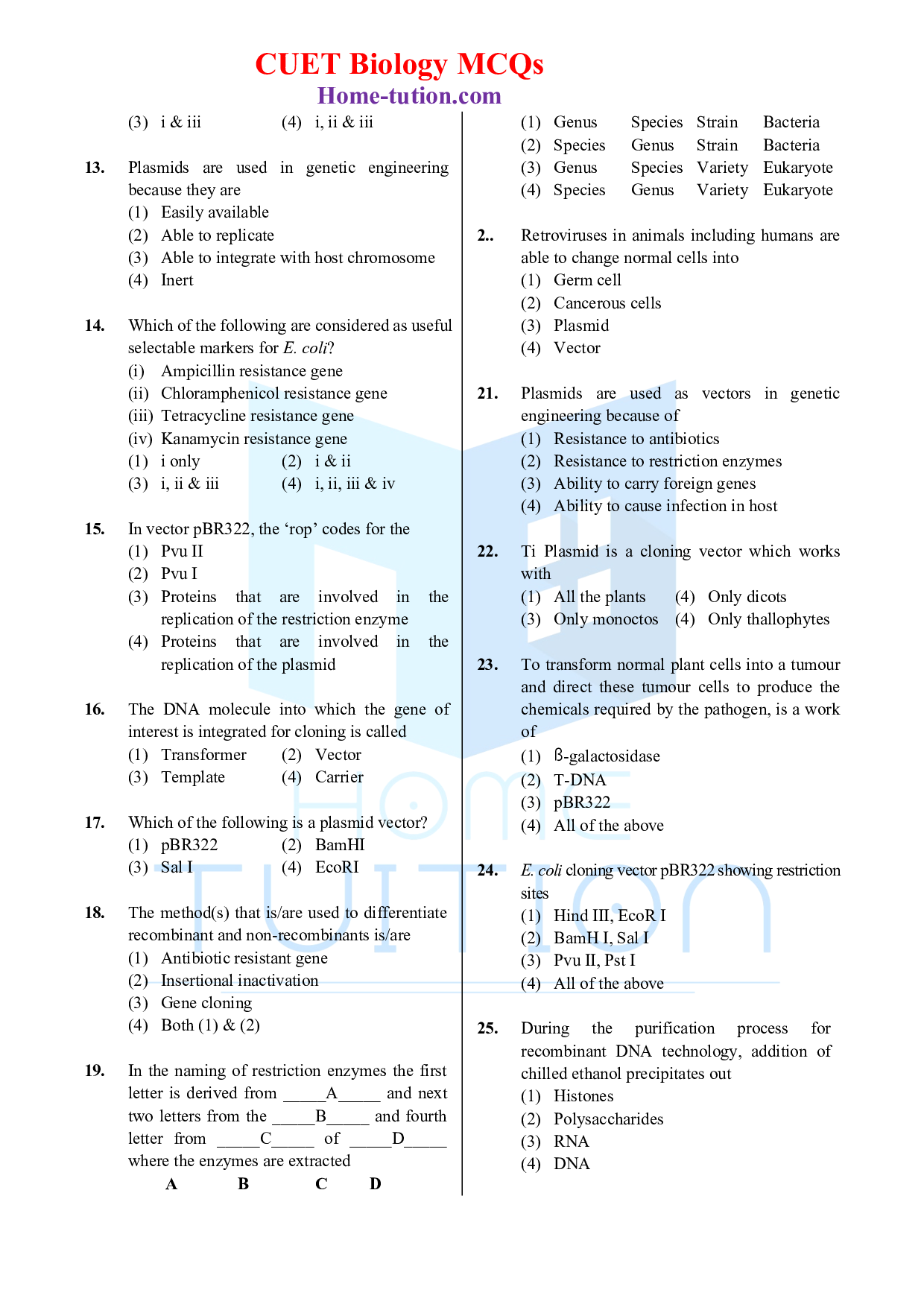 Biology MCQ Questions for CUET Chapter 11 Biotechnology Principles and Processes