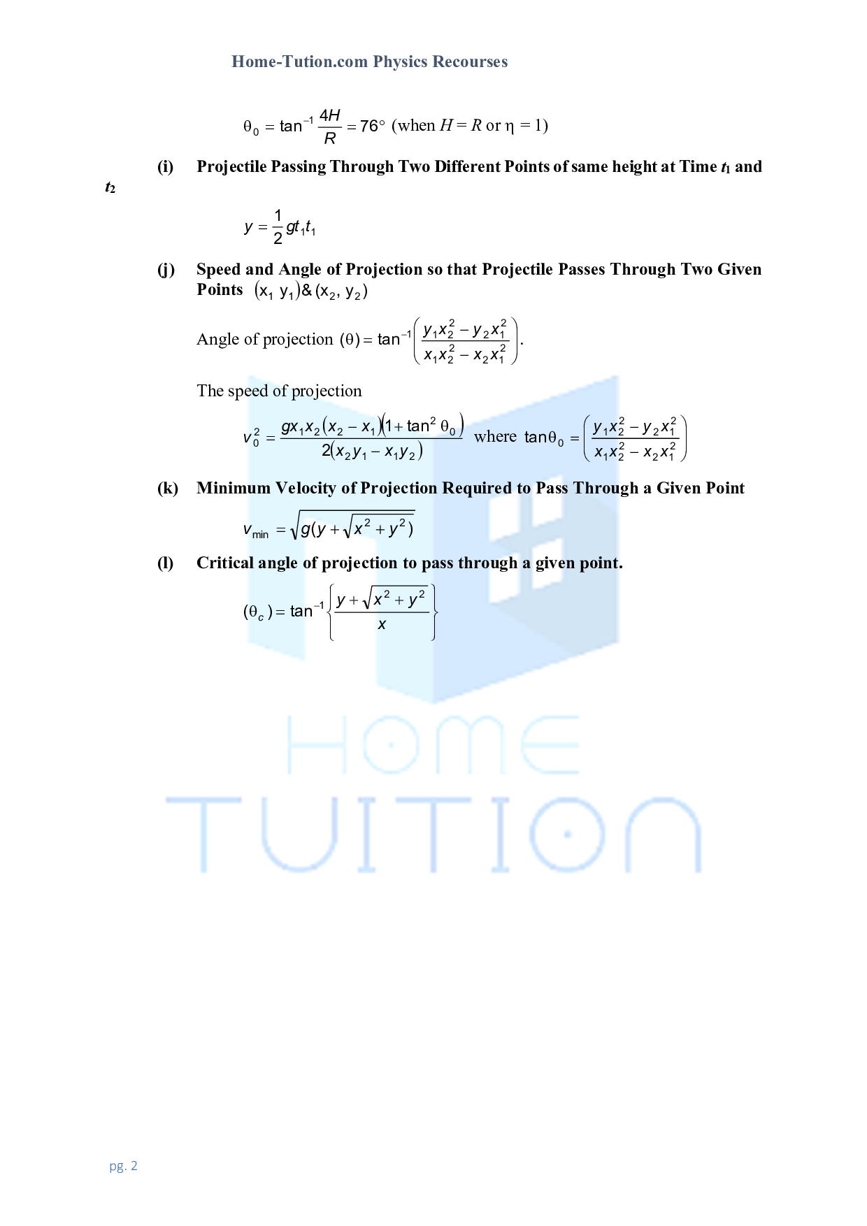 Formula for projectile motion