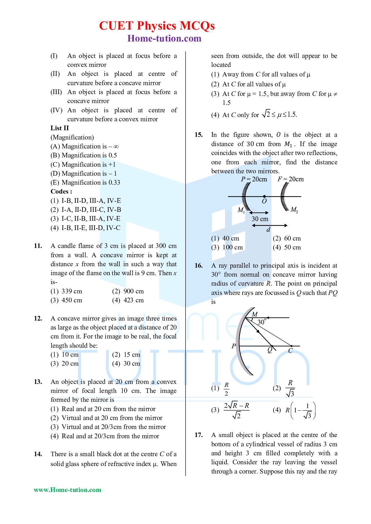 CUET MCQ Questions For Physics Chapter-09 Ray Optics