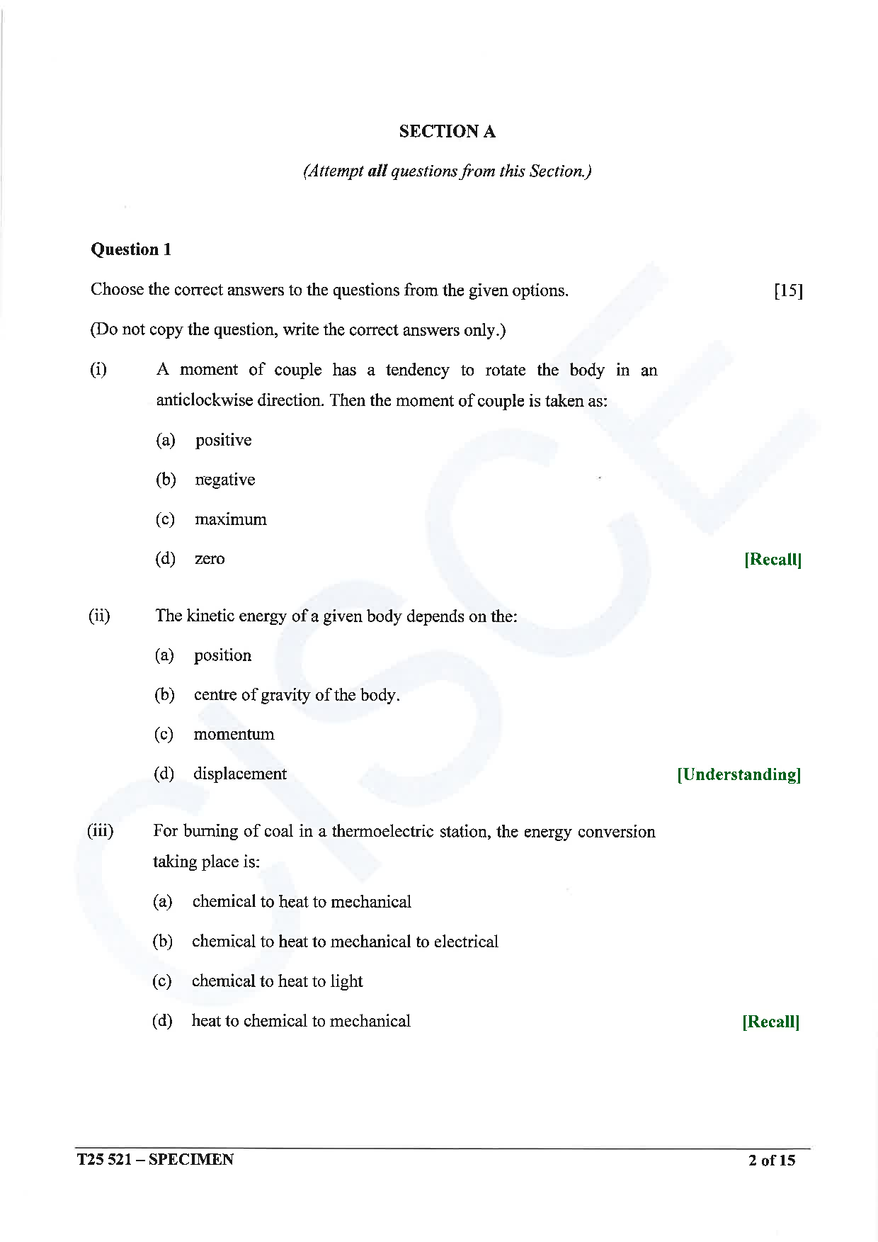 ICSE Board Sample Paper for class 10 Physics