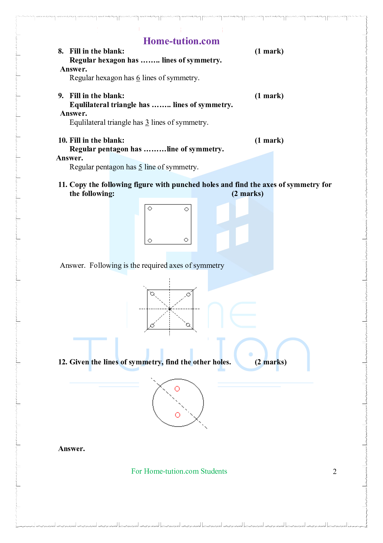 Extra Questions on Class 7 Maths Chapter 14 Symmetry