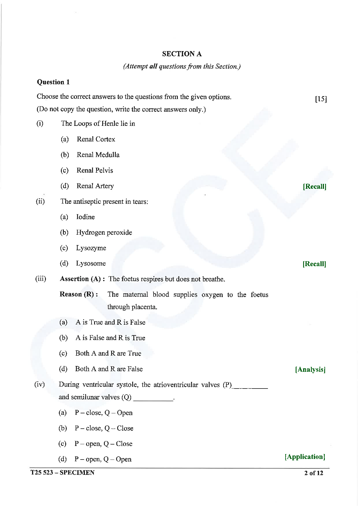 ICSE Board Sample Paper for class 10 Biology