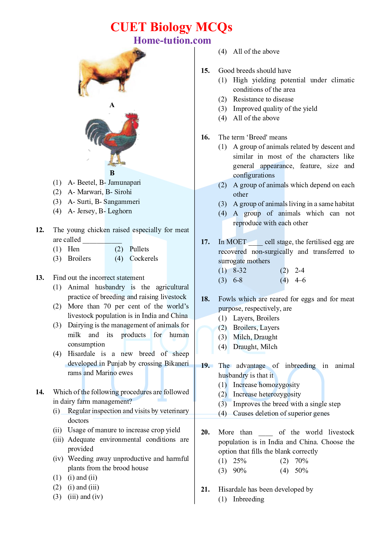 Biology MCQ Questions for CUET Chapter 9 Strategies for Enhancement in Food Production 