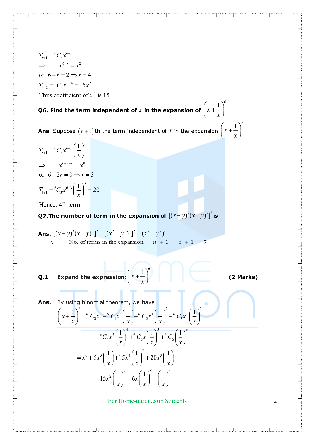 Chapter 8 Binomial Theorem Questions
