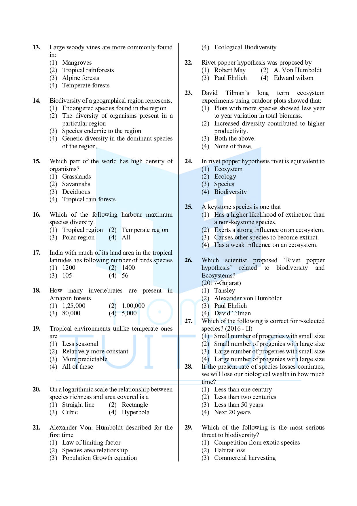Biology MCQ Questions for CUET Chapter 15 Biodiversity and Conservation