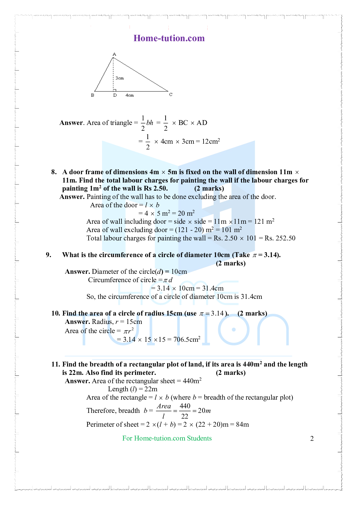 Extra Questions on Class 7 Maths Chapter 11 Perimeter and Area