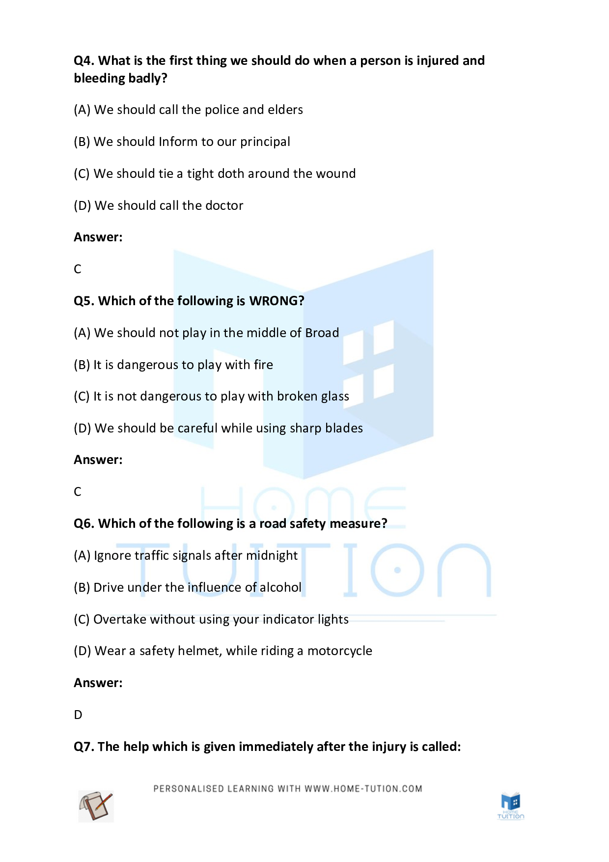CBSE Class 3 Worksheet for EVS Chapter Our Safety First Aid Questions with Answers 