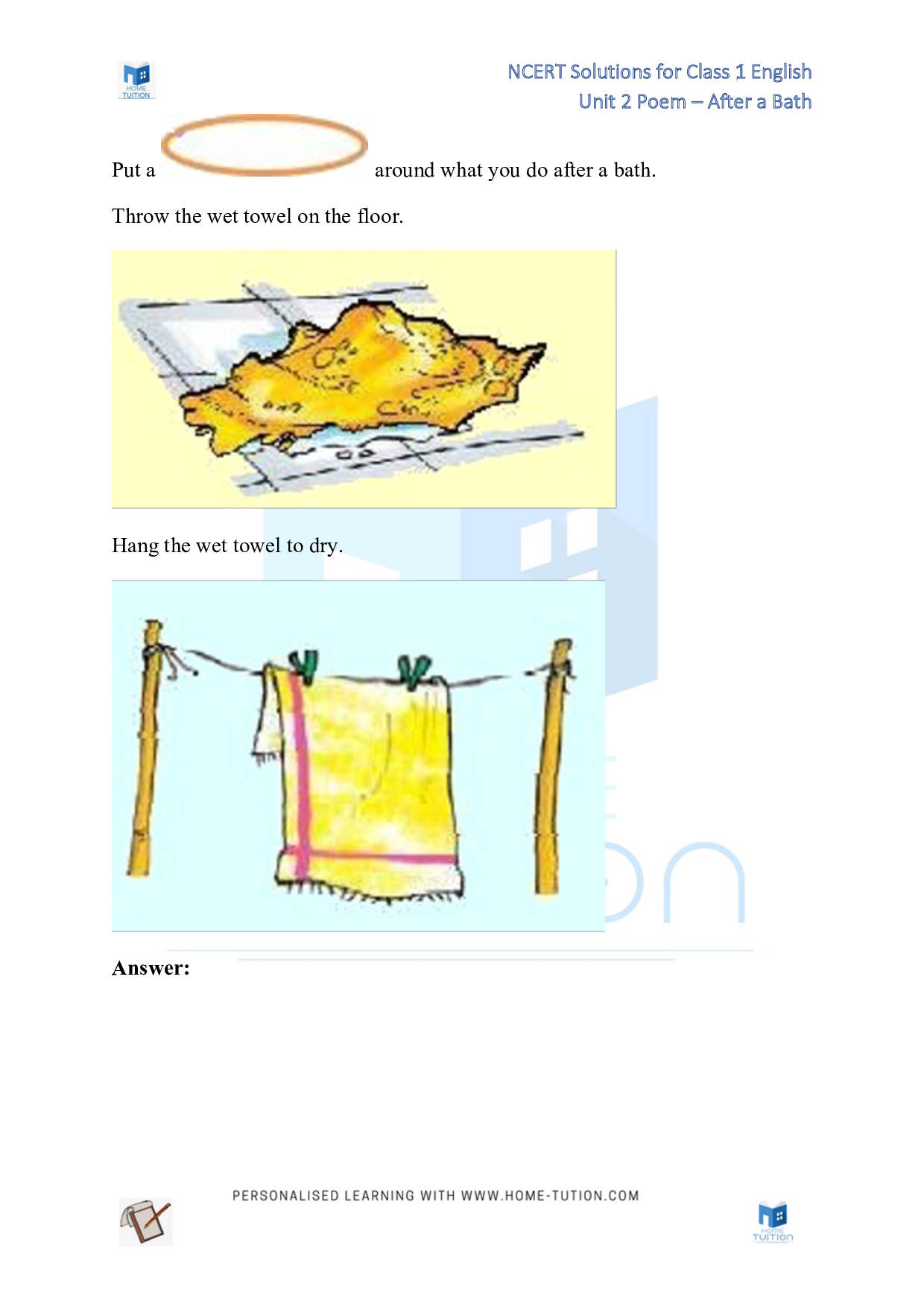 NCERT Solutions for Class 1 English Unit 2 Poem - After a Bath