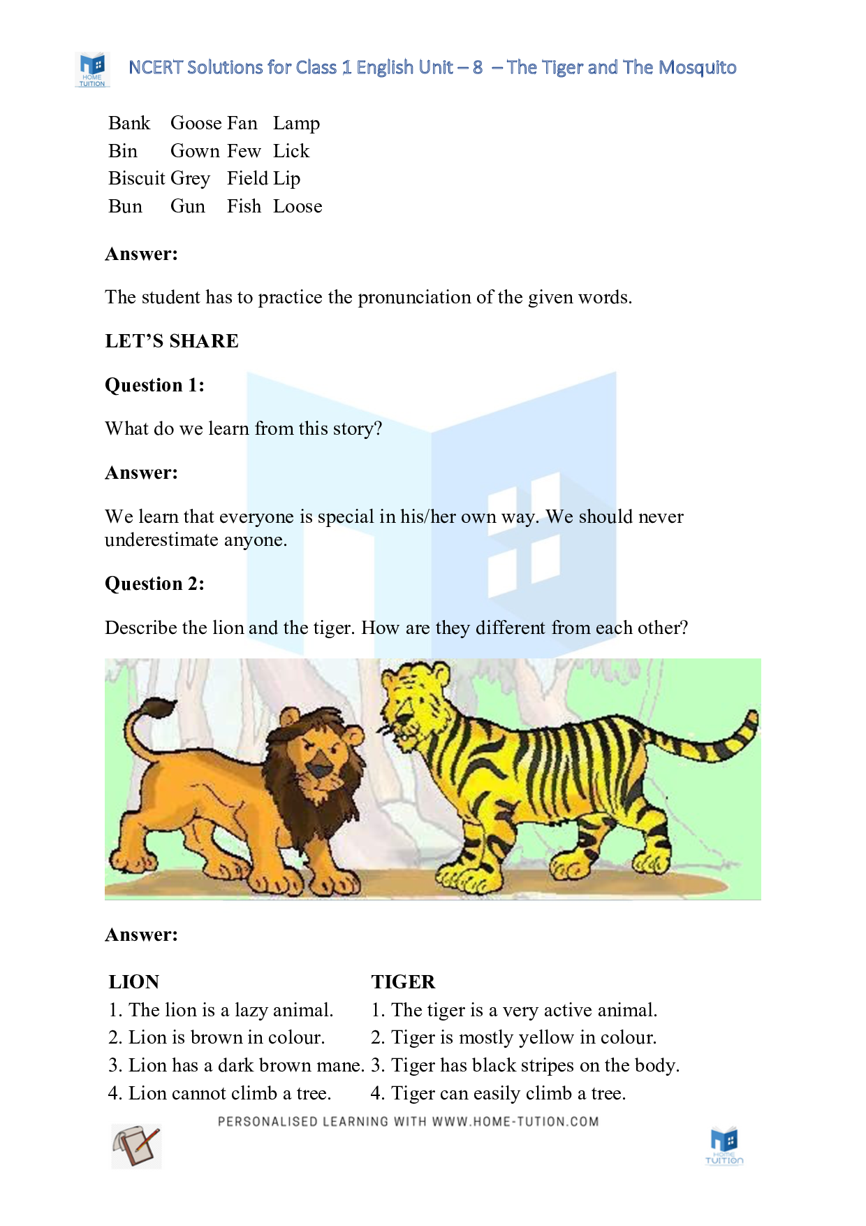 NCERT Solutions for Class 1 English Unit 8 - The Tiger and The Mosquito