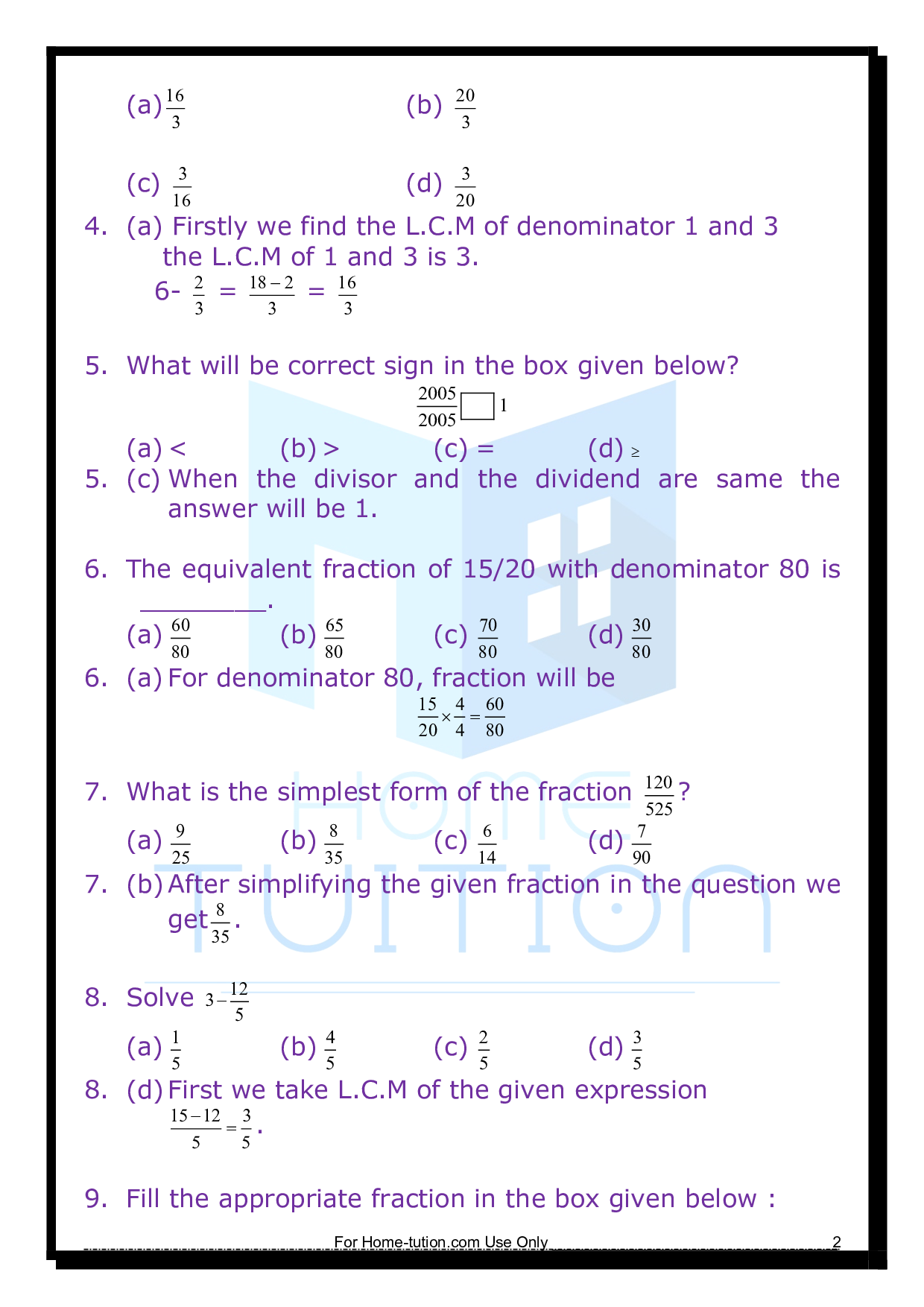 Questions For Chapter 7 Fractions 