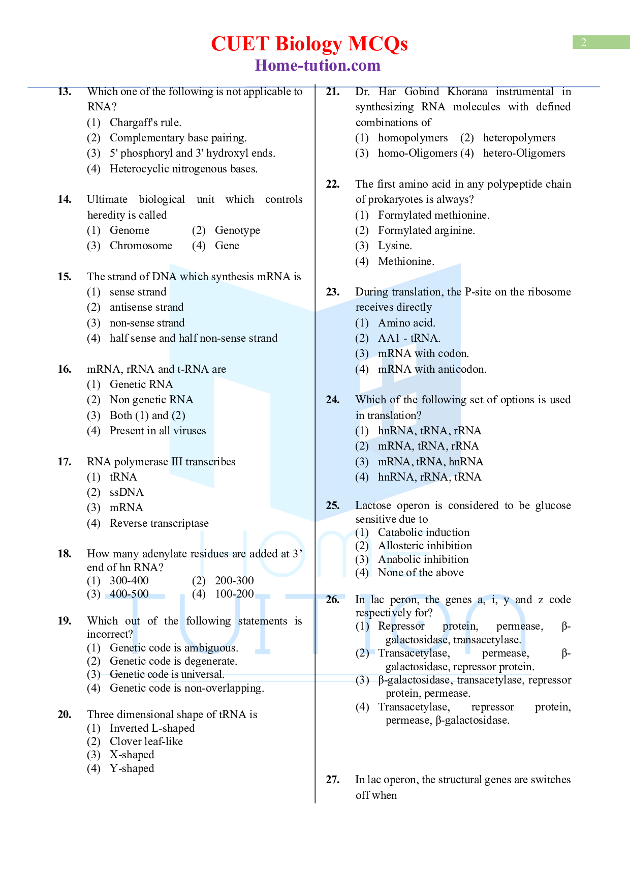 Biology MCQ Questions for CUET Chapter 6 Molecular Basis of Inheritance