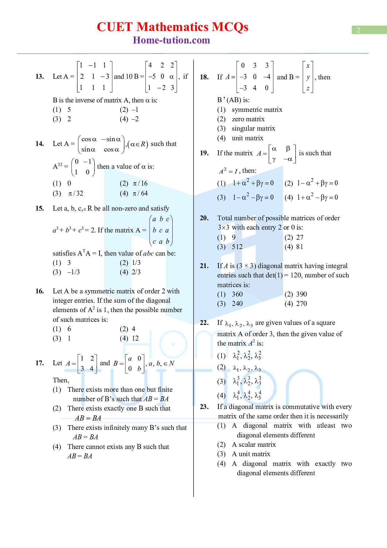CUET MCQ Questions For Maths Chapter-10 Matrices