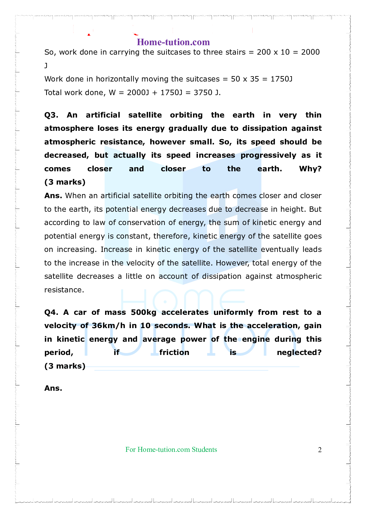 Questions for Class 9 Science Chapter 11 Work and Energy