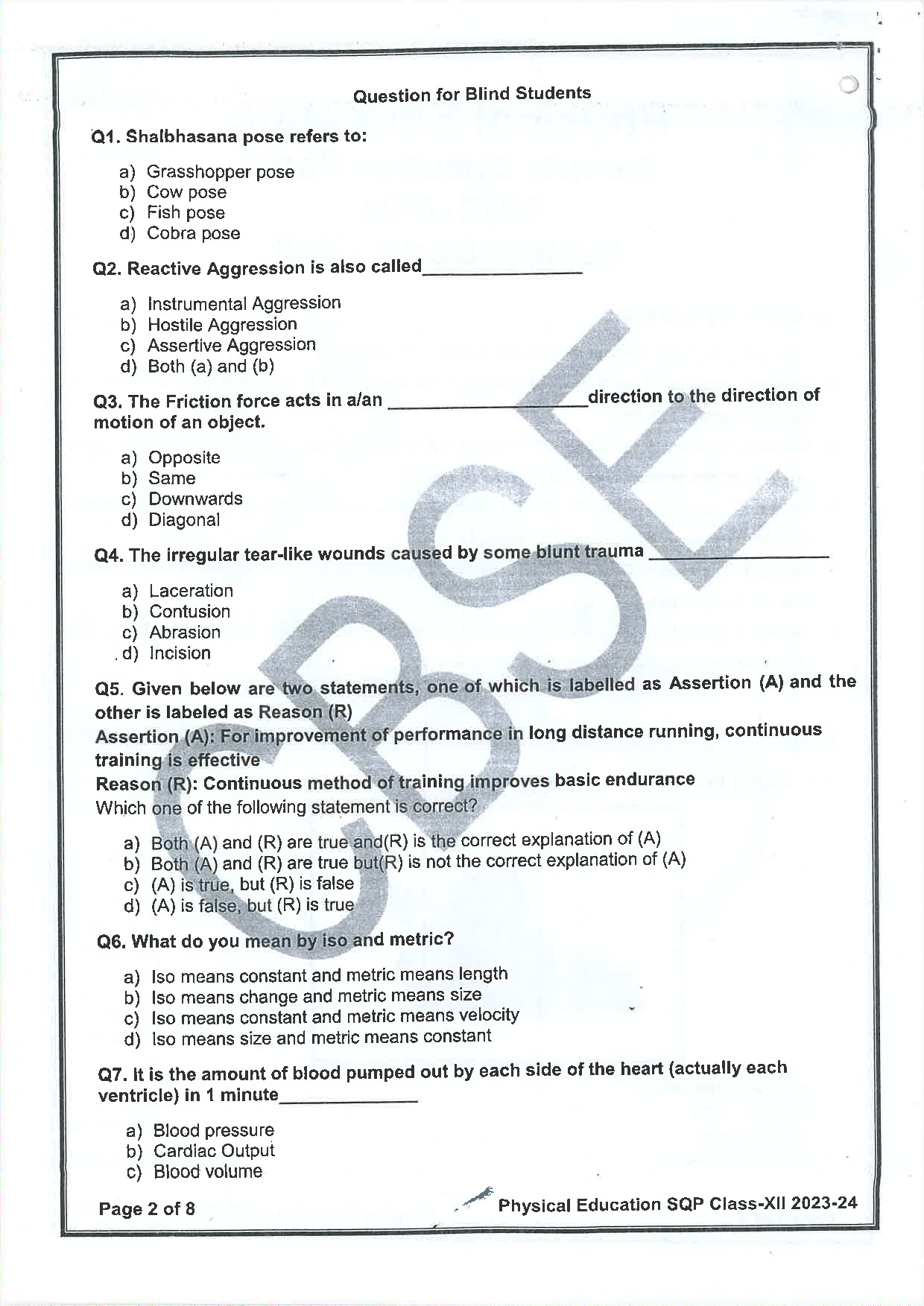 Class 12 Sample Papers for Physical Education