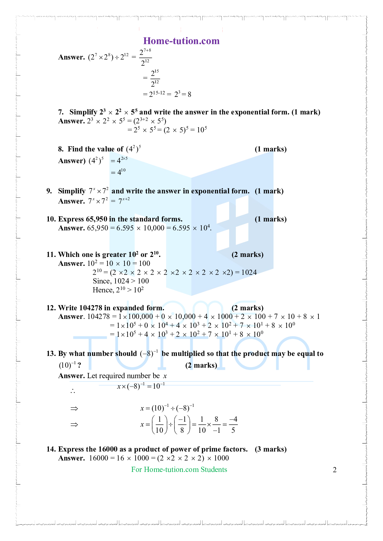 Extra Questions on Class 7 Maths Chapter 13 Exponents and Powers
