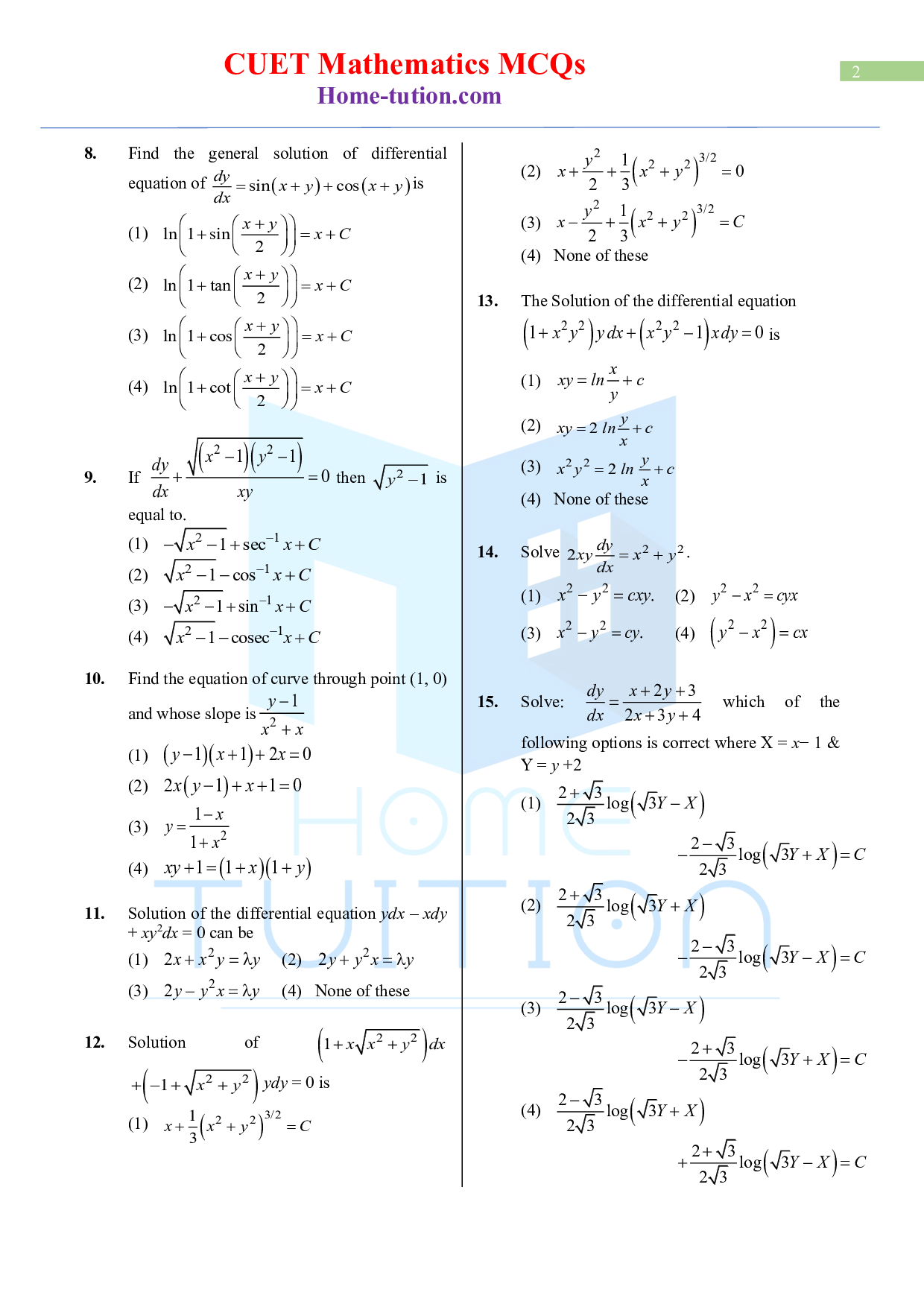 CUET MCQ Questions For Maths Chapter-5 Differential Equation