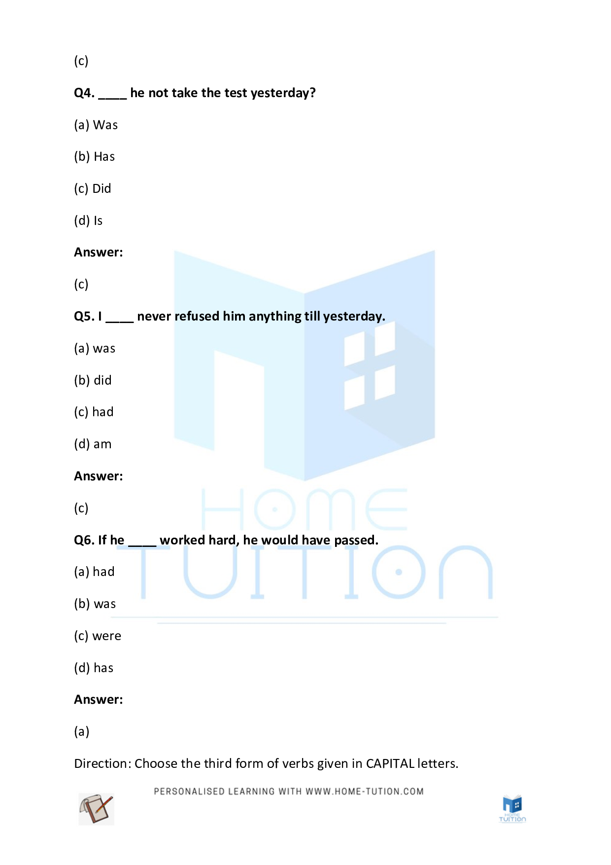 CBSE Worksheet For Class 5 English Verb Chapter Free PDF Home Tution