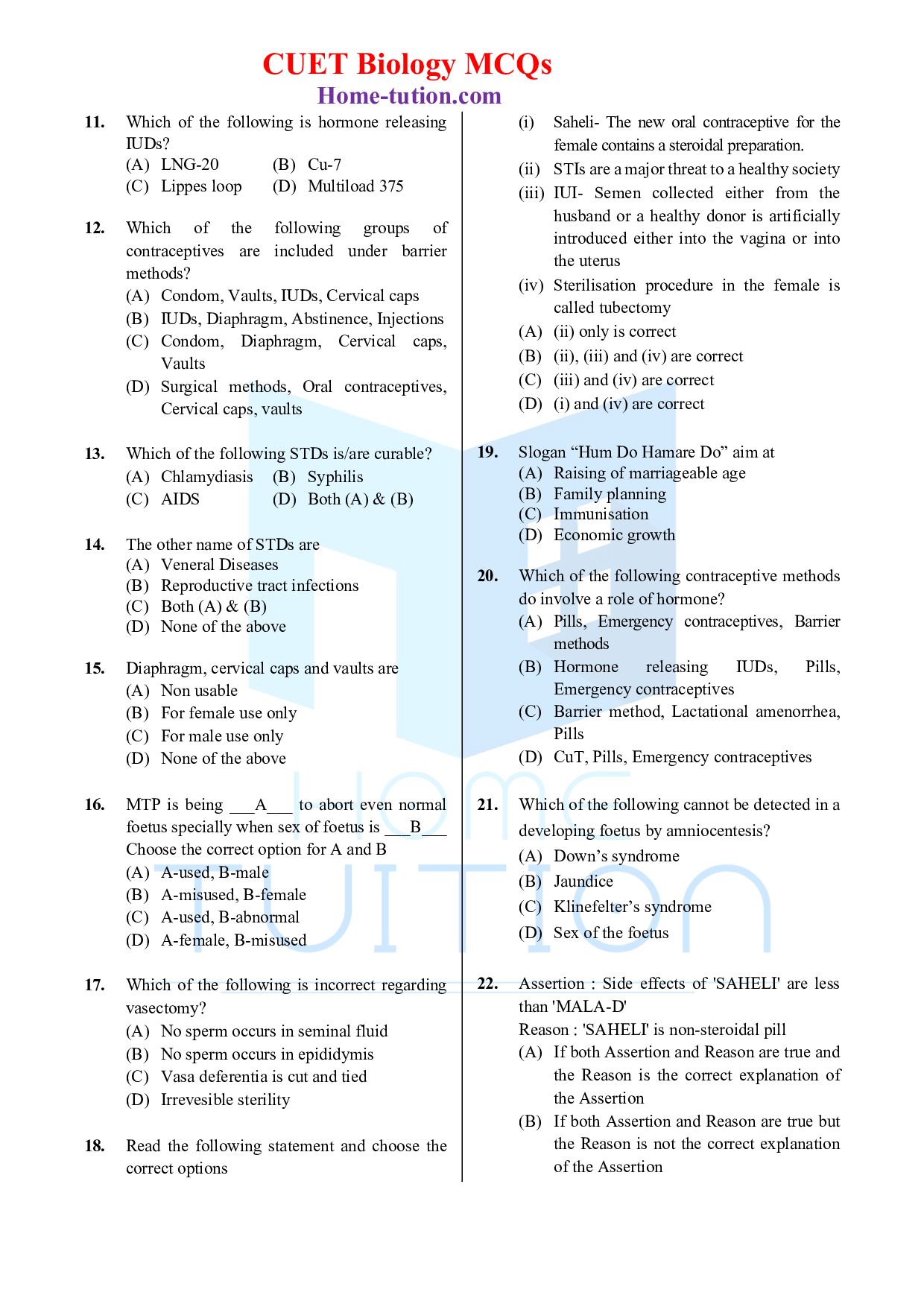 Biology MCQ Questions for CUET Chapter 4 Reproductive Health