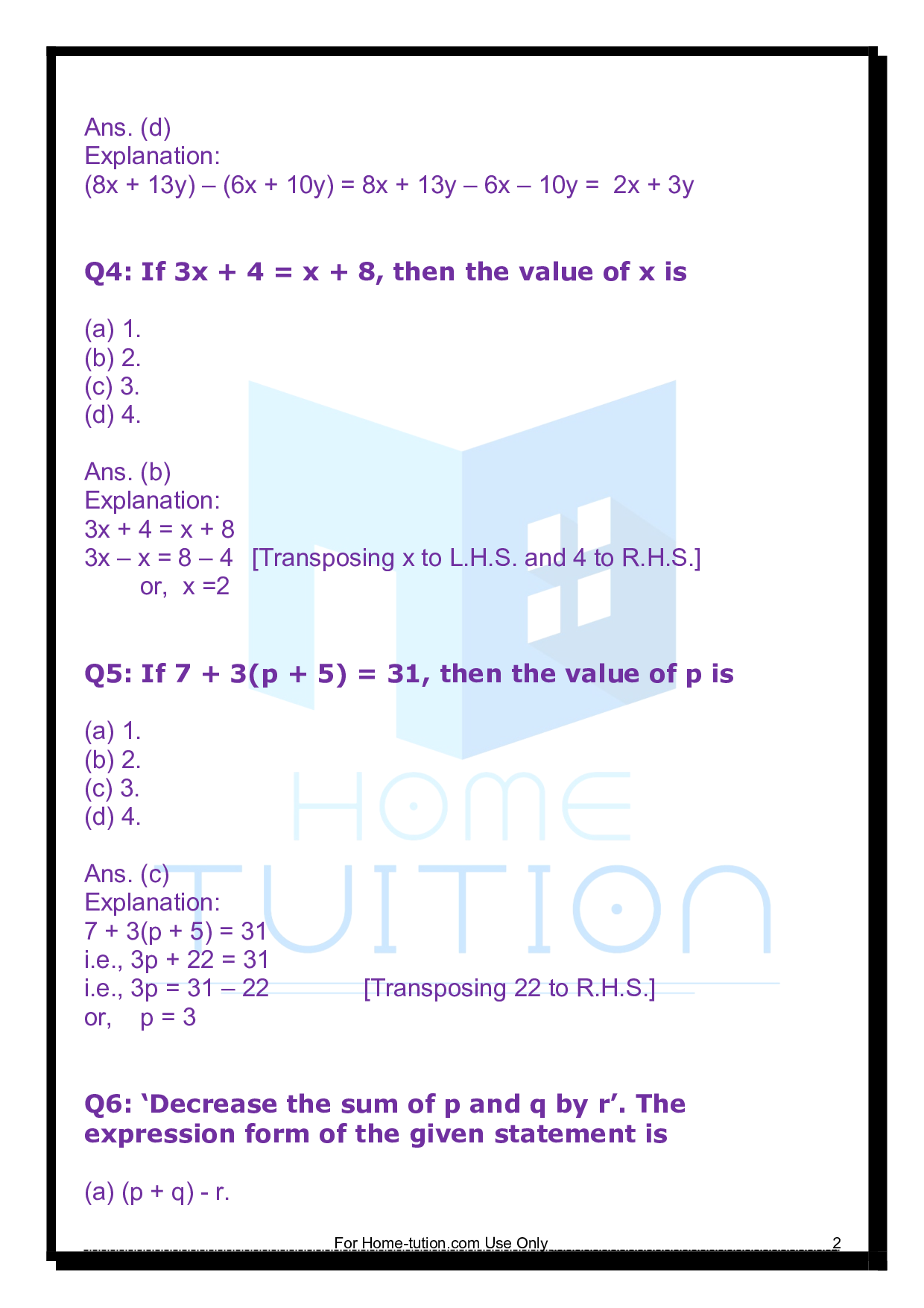 Extra Questions Solutions For Chapter 11 Algebra Class 6 Maths