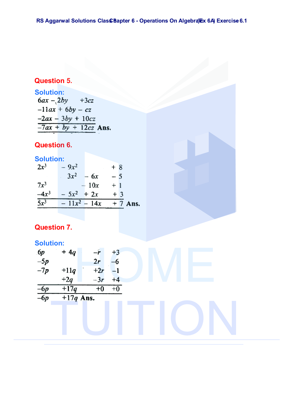 Chapter-6 Operations on Algebraic Expressions