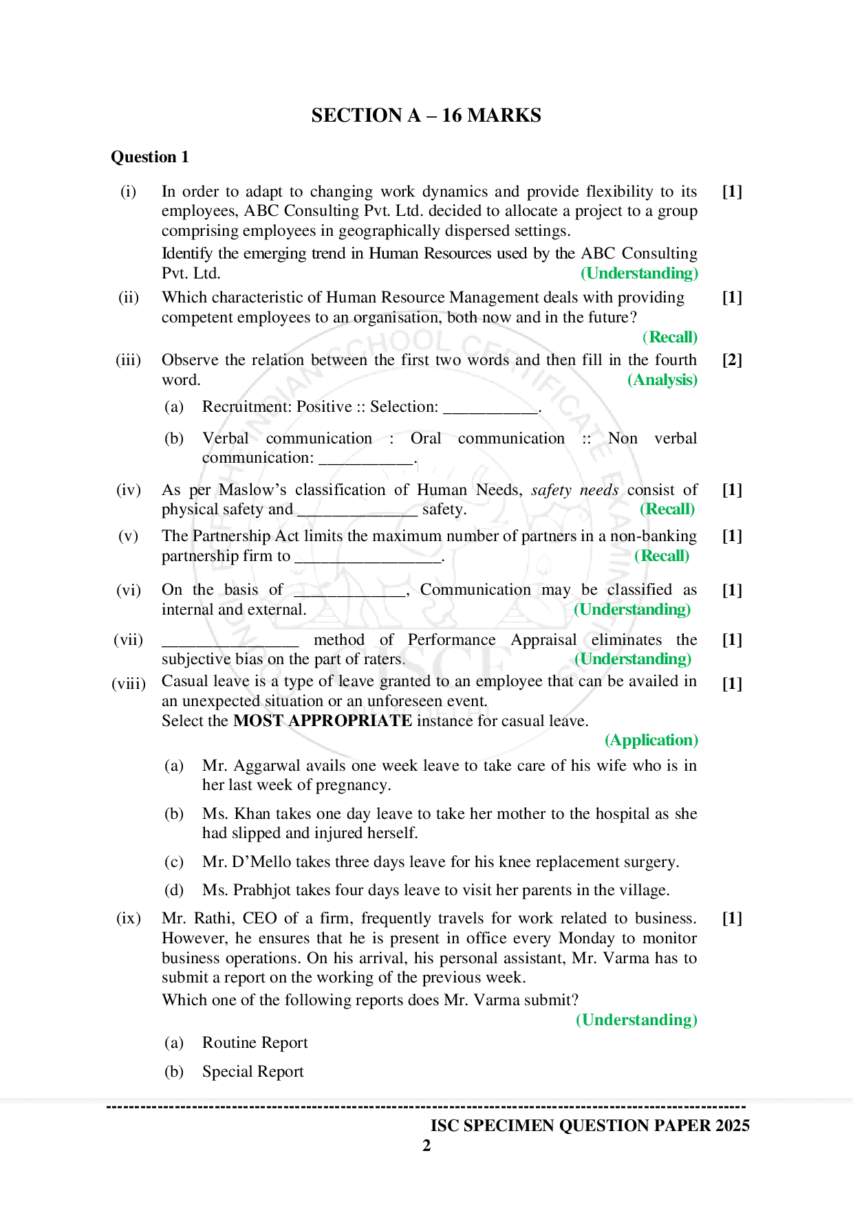 ISE Sample paper for Business Studies