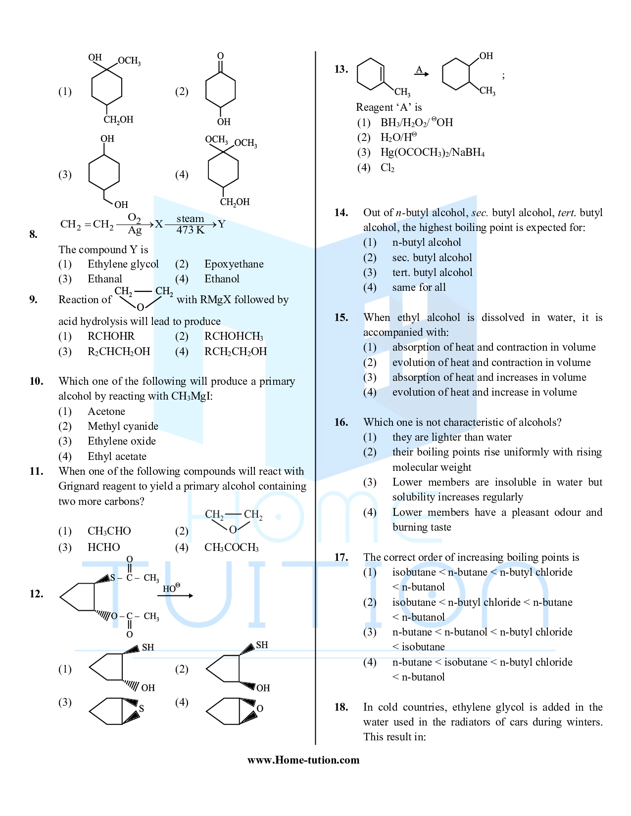 CUET MCQ Questions For Chapter-11 Alcohol Ether & Phenol