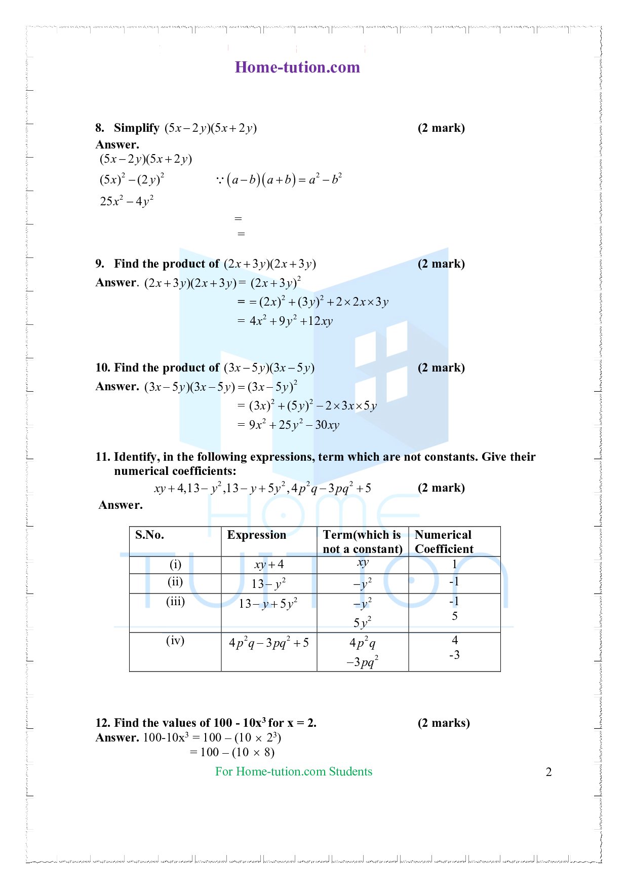Extra Questions on Class 7 Maths Chapter 12 Algebraic Expressions