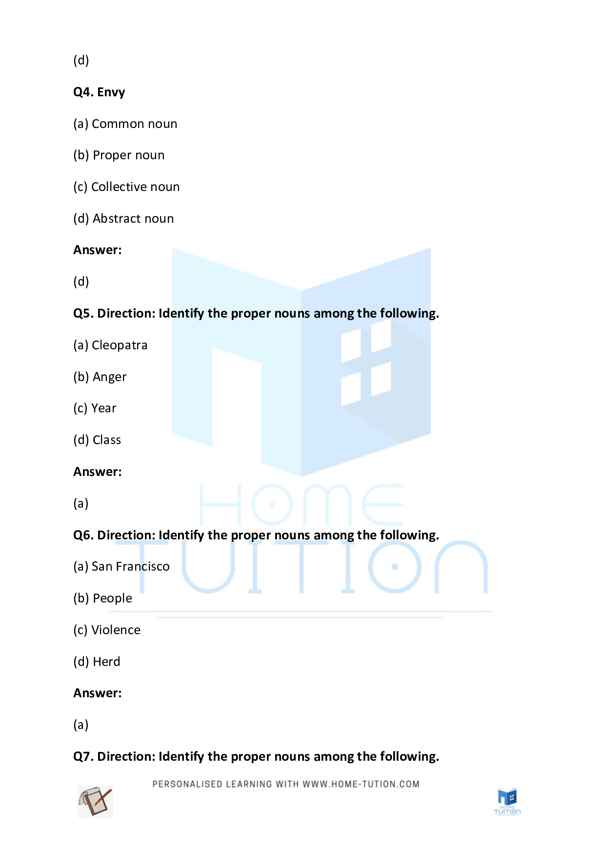 CBSE Worksheet For Class 5 English Noun Free PDF Home Tution