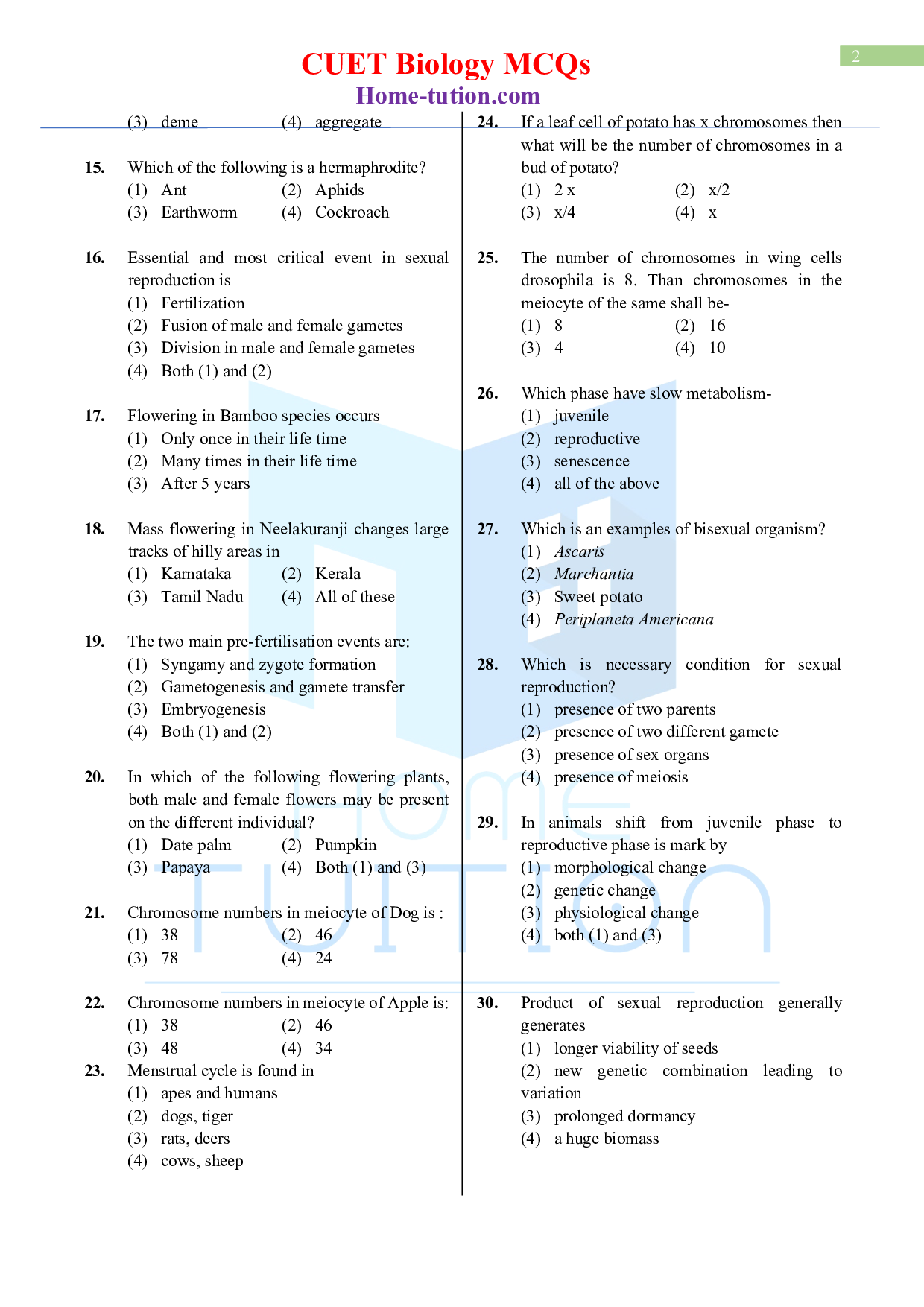 Biology MCQ Questions for CUET Chapter 1 Reproduction in Organisms