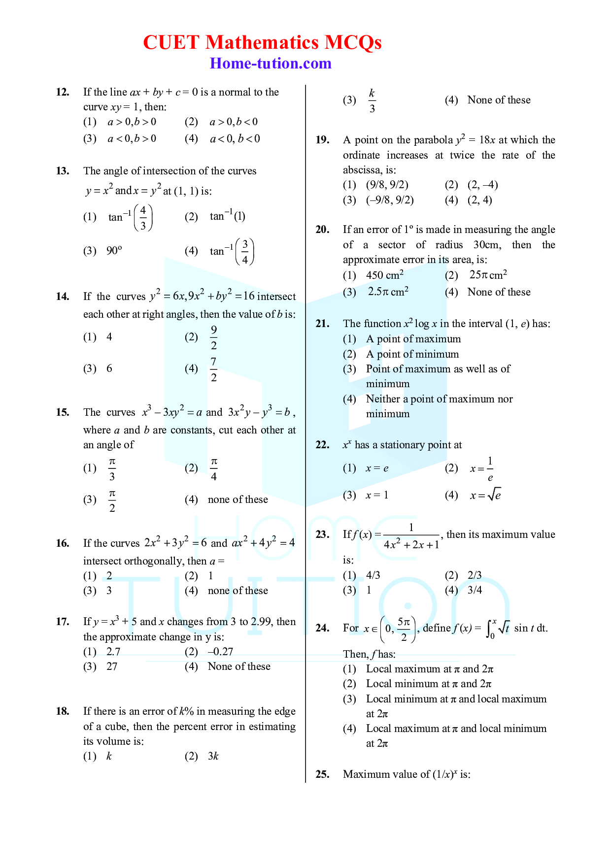 CUET MCQ Questions For Maths Chapter-1 Application of Derivative