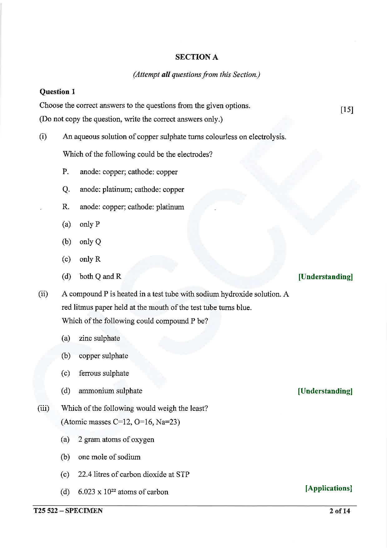 ICSE Board Sample Paper for class 10 chemistry