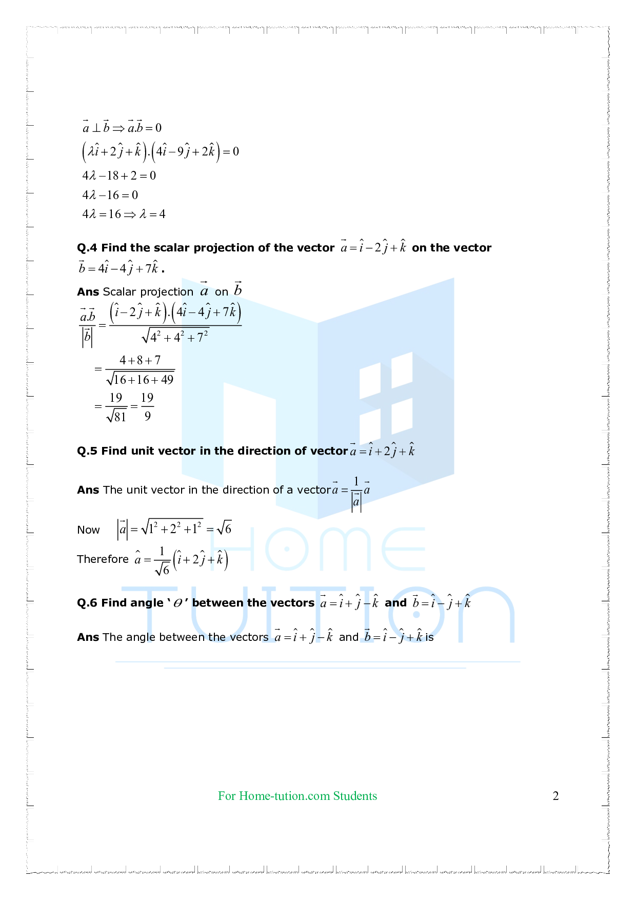 Chapter 10 Vector Algebra Important Questions