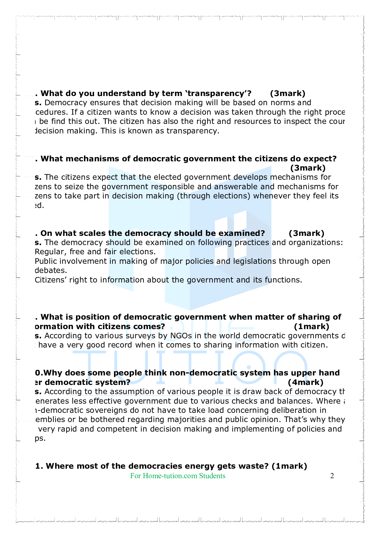 Chapter-7 Outcomes of Democracy Questions