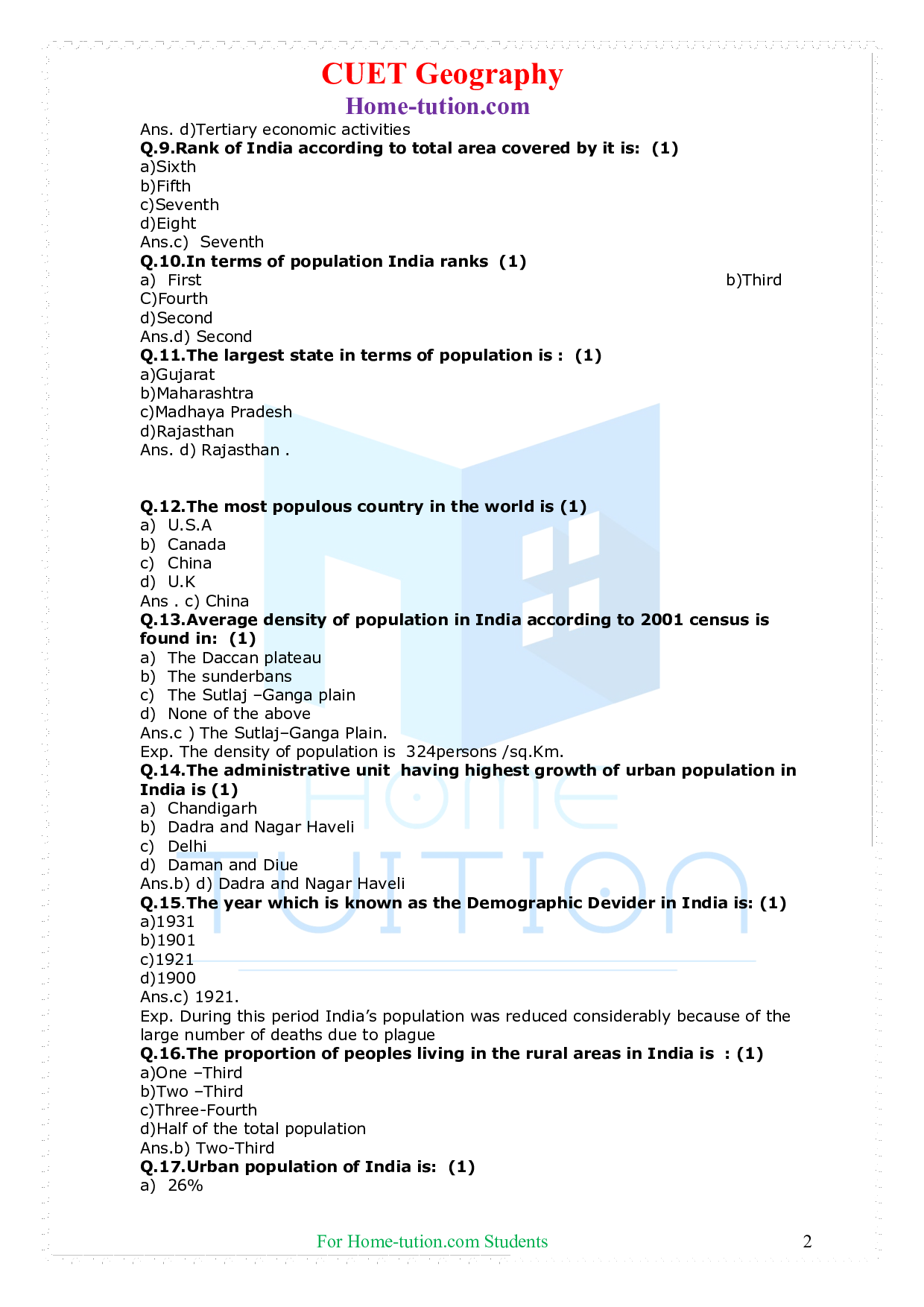 CUET Geography India People and Economy Chapter 1 Population: Distribution, Density, Growth and Composition